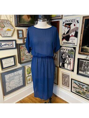 80s Vintage Alex & Johnny Dark Blue Lightweight Sheer Striped Midi Dress Size XL